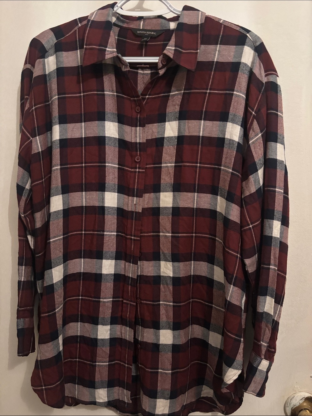 Banana Republic Men's Burgundy, White & Navy Plaid Button-Down Shirt